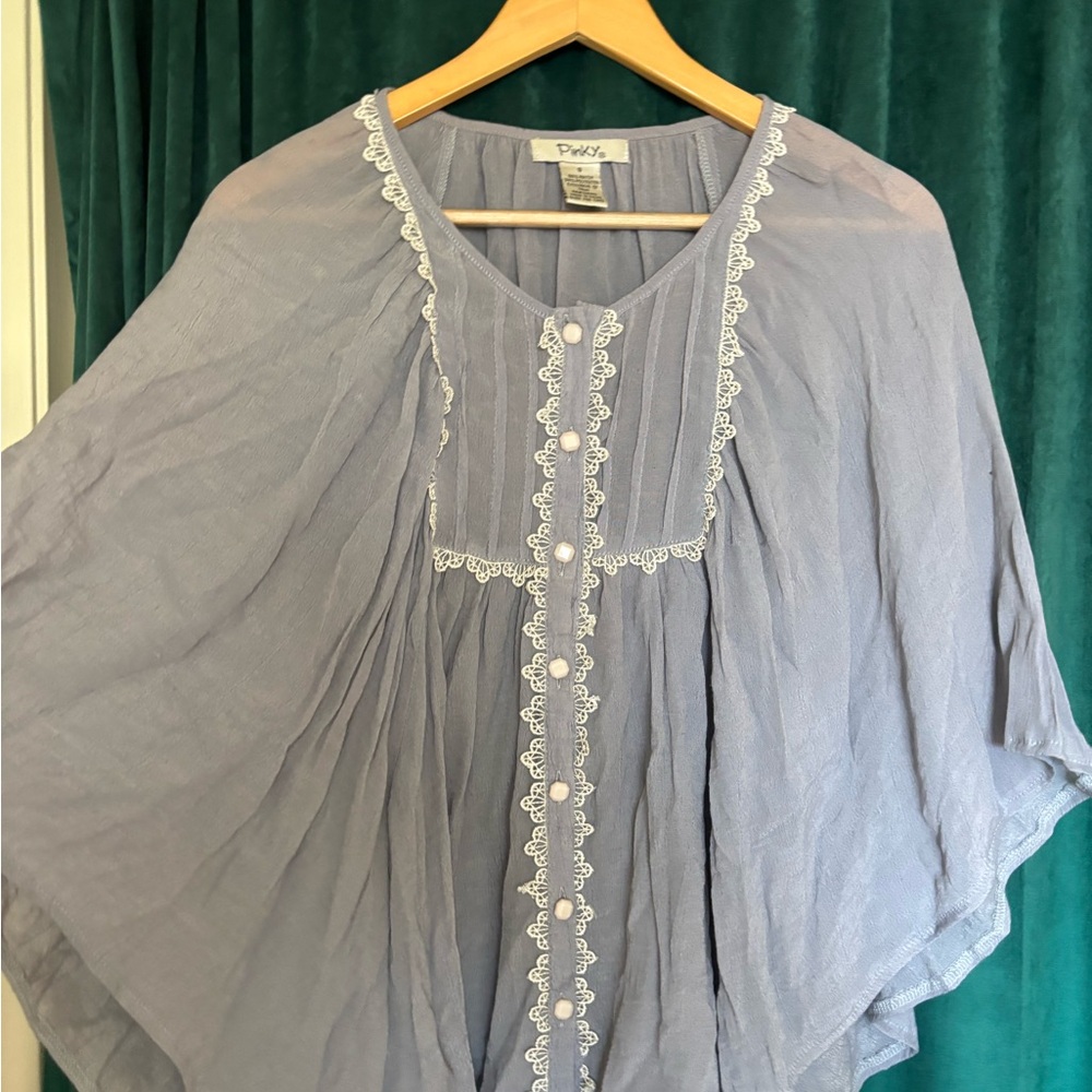 Light Blue Women's Blouse with Lace Trim